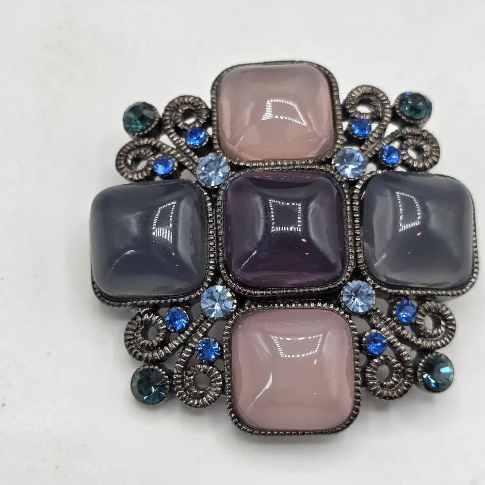 Gunmetal Pink Gray Cabochon Blue Rhinestone Filigree Brooch Pendant Statement